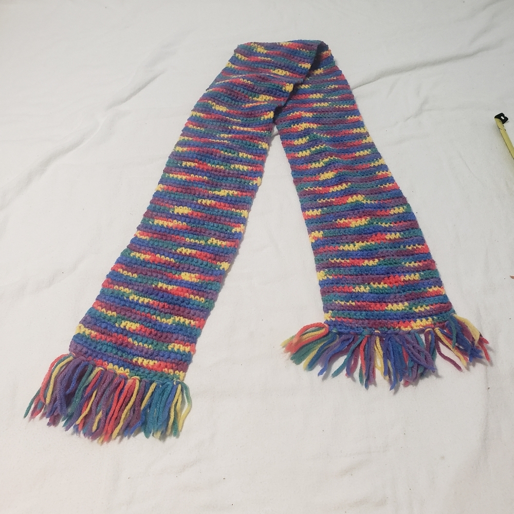 Hand knit scarf purple's blues turquoise 10 fringes